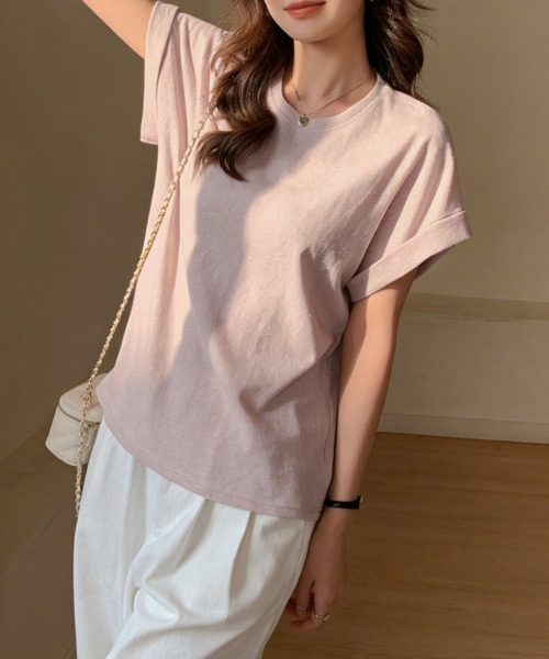 ReRe(リリ)の「ロールアップ袖ラウンドネックTシャツ(Tシャツ/カットソー・レディース・ピンク/ホワイト/ブラック/ライトブルー/グレー・LARGE/X-LARGE/MEDIUM)」の9枚目の写真