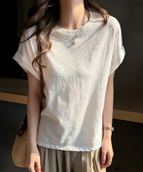 ReRe(リリ)の「ロールアップ袖ラウンドネックTシャツ(Tシャツ/カットソー・レディース・ピンク/ホワイト/ブラック/ライトブルー/グレー・LARGE/X-LARGE/MEDIUM)」の12枚目の写真