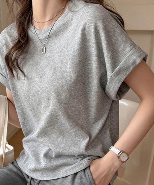 ReRe(リリ)の「ロールアップ袖ラウンドネックTシャツ(Tシャツ/カットソー・レディース・ピンク/ホワイト/ブラック/ライトブルー/グレー・LARGE/X-LARGE/MEDIUM)」の15枚目の写真