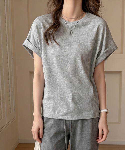 ReRe(リリ)の「ロールアップ袖ラウンドネックTシャツ(Tシャツ/カットソー・レディース・ピンク/ホワイト/ブラック/ライトブルー/グレー・LARGE/X-LARGE/MEDIUM)」の16枚目の写真
