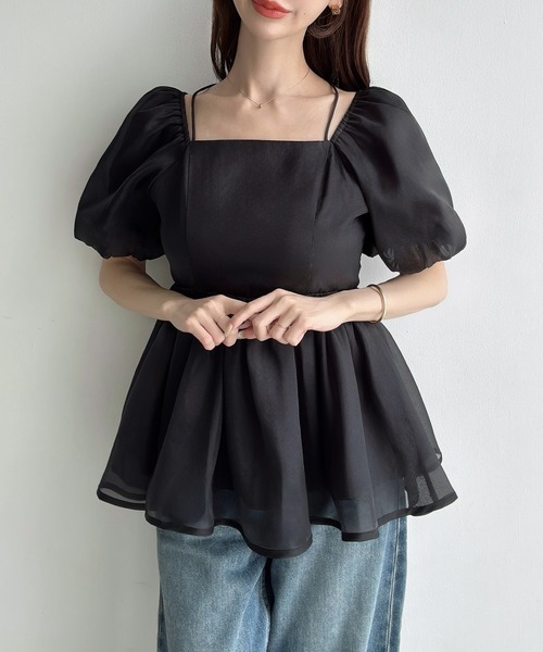 Meiru(メイル)の「スクエアネックシアーペプラムトップス(シャツ/ブラウス・レディース・アイボリー/ブルー/ブラック・LARGE/MEDIUM/SMALL)」の8枚目の写真