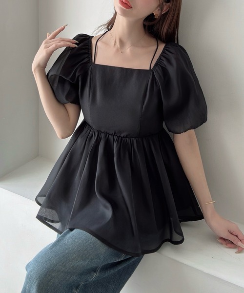 Meiru(メイル)の「スクエアネックシアーペプラムトップス(シャツ/ブラウス・レディース・アイボリー/ブルー/ブラック・LARGE/MEDIUM/SMALL)」の10枚目の写真