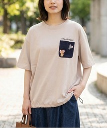 【TOM & JERRY/トムとジェリー】梨地胸ニットポケットワンポイント刺繍裾ドロスト付半袖T(吸水速乾/coolmax)/ユニセックス