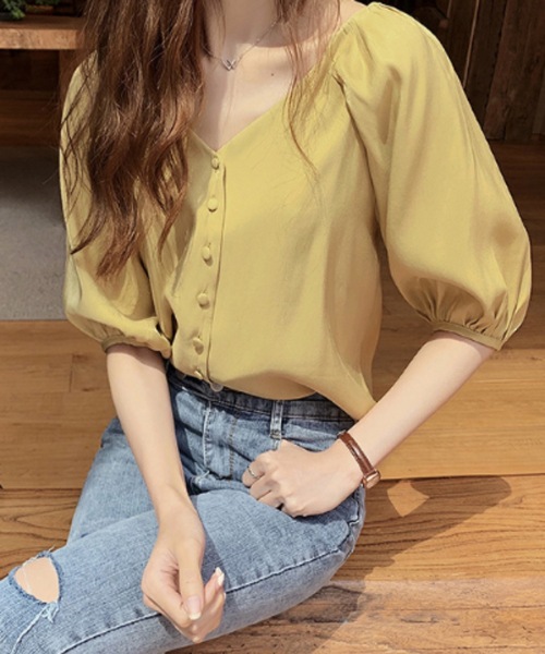 Teem Store(チームストア)の「ボリューム袖Vネックベーシックブラウス とろみブラウス(シャツ/ブラウス・レディース・ホワイト/ミント/イエロー・F)」の10枚目の写真