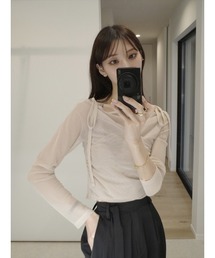 amel（エイメル）の「チュールレイヤードリボントップス / ピンクベージュ（Tシャツ/カットソー）」