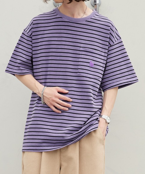 Liberaiders(リベレイダース)の「Liberaiders/リベレイダース PIGMENT DYED STRIPED S/S SHIRT ストライプデザイン ドロップショルダー クルーネックTシャツ 2026年 夏 夏服(Tシャツ/カットソー・メンズ・ブラック/パープル・M/L/XL)」の2枚目の写真
