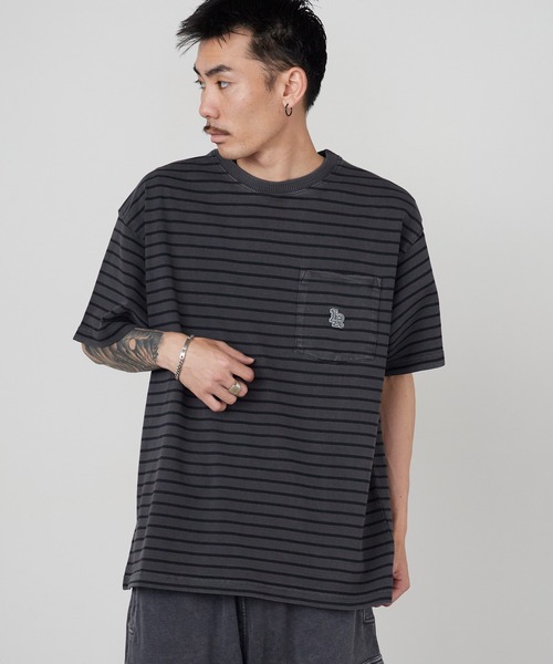 Liberaiders(リベレイダース)の「Liberaiders/リベレイダース PIGMENT DYED STRIPED S/S SHIRT ストライプデザイン ドロップショルダー クルーネックTシャツ 2026年 夏 夏服(Tシャツ/カットソー・メンズ・ブラック/パープル・M/L/XL)」の8枚目の写真
