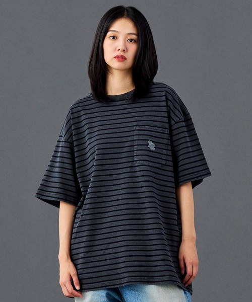 Liberaiders(リベレイダース)の「Liberaiders/リベレイダース PIGMENT DYED STRIPED S/S SHIRT ストライプデザイン ドロップショルダー クルーネックTシャツ 2026年 夏 夏服(Tシャツ/カットソー・メンズ・ブラック/パープル・M/L/XL)」の5枚目の写真