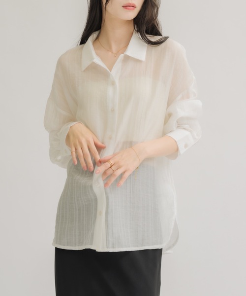 NEUNA(ヌナ)の「【夏に大活躍!冷房/紫外線/日焼け対策にも◎】シアーストライプシャツ(シャツ/ブラウス・レディース・ピンク/オフホワイト・FREE)」の16枚目の写真