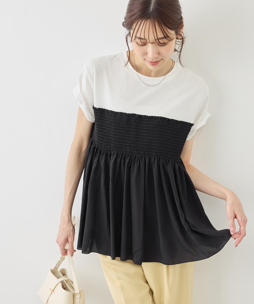 ROPE' PICNIC(ロペピクニック)の「【ベストヒット】シャーリングドッキングハーフスリーブカットソー(Tシャツ/カットソー・レディース・ベージュ/ブラック系その他/ブラック/ホワイト系その他・FREE)」の2枚目の写真