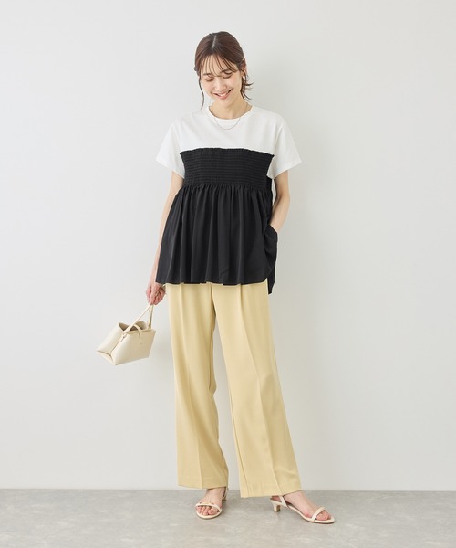 ROPE' PICNIC(ロペピクニック)の「【ベストヒット】シャーリングドッキングハーフスリーブカットソー(Tシャツ/カットソー・レディース・ベージュ/ブラック系その他/ブラック/ホワイト系その他・FREE)」の5枚目の写真