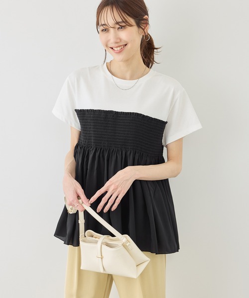 ROPE' PICNIC(ロペピクニック)の「【ベストヒット】シャーリングドッキングハーフスリーブカットソー(Tシャツ/カットソー・レディース・ベージュ/ブラック系その他/ブラック/ホワイト系その他・FREE)」の7枚目の写真