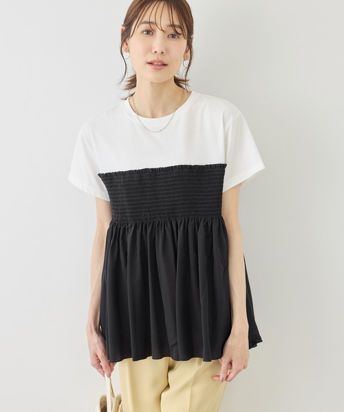 ROPE' PICNIC(ロペピクニック)の「【ベストヒット】シャーリングドッキングハーフスリーブカットソー(Tシャツ/カットソー・レディース・ベージュ/ブラック系その他/ブラック/ホワイト系その他・FREE)」の8枚目の写真