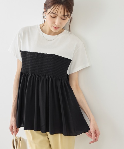 ROPE' PICNIC(ロペピクニック)の「【ベストヒット】シャーリングドッキングハーフスリーブカットソー(Tシャツ/カットソー・レディース・ベージュ/ブラック系その他/ブラック/ホワイト系その他・FREE)」の10枚目の写真