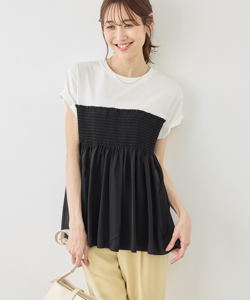 ROPE' PICNIC(ロペピクニック)の「【ベストヒット】シャーリングドッキングハーフスリーブカットソー(Tシャツ/カットソー・レディース・ベージュ/ブラック系その他/ブラック/ホワイト系その他・FREE)」の11枚目の写真