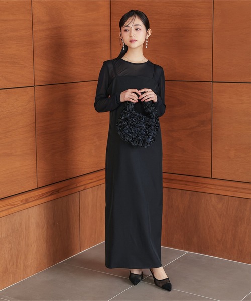 Petitle（プチレ）の「[ 低身長向けサイズ ] 3点セット シアートップス × フリルキャミ × キャミワンピース（ドレス・レディース・ブラック/ベージュ・PM）」の5枚目の写真