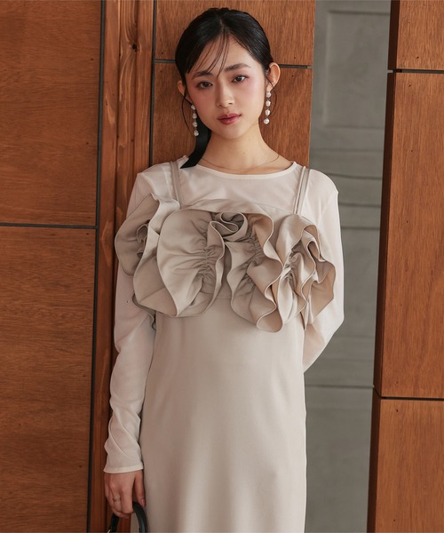 Petitle（プチレ）の「[ 低身長向けサイズ ] 3点セット シアートップス × フリルキャミ × キャミワンピース（ドレス・レディース・ブラック/ベージュ・PM）」の7枚目の写真