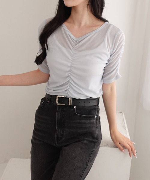 SOELA(ソエラ)の「半袖フロントギャザートップス(Tシャツ/カットソー・レディース・アイボリー/サックスブルー/ブラック・FREE)」の3枚目の写真
