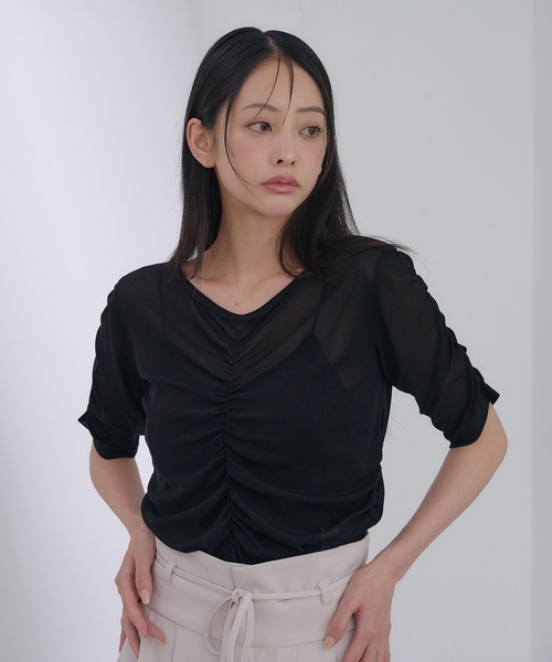 SOELA(ソエラ)の「半袖フロントギャザートップス(Tシャツ/カットソー・レディース・アイボリー/サックスブルー/ブラック・FREE)」の2枚目の写真