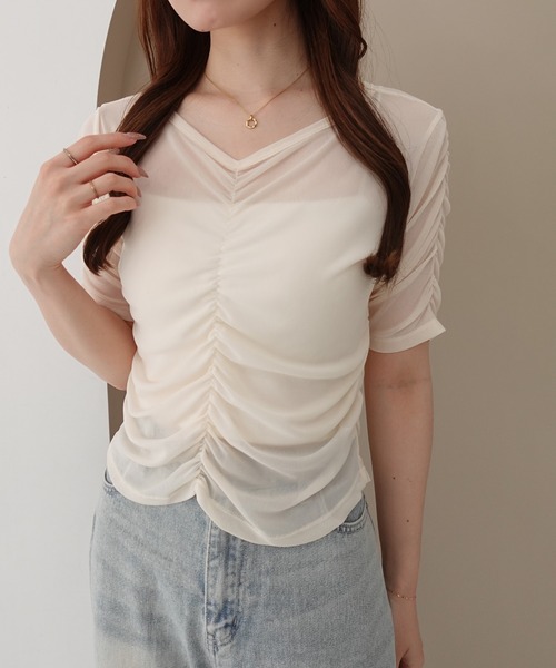 SOELA(ソエラ)の「半袖フロントギャザートップス(Tシャツ/カットソー・レディース・アイボリー/サックスブルー/ブラック・FREE)」の20枚目の写真