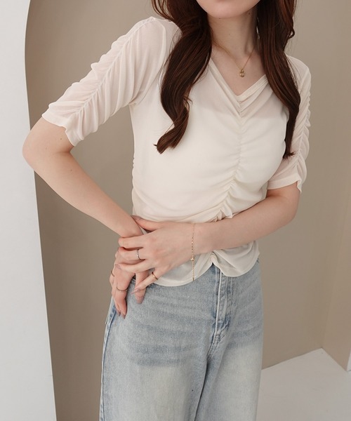 SOELA(ソエラ)の「半袖フロントギャザートップス(Tシャツ/カットソー・レディース・アイボリー/サックスブルー/ブラック・FREE)」の21枚目の写真