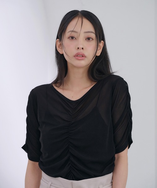SOELA(ソエラ)の「半袖フロントギャザートップス(Tシャツ/カットソー・レディース・アイボリー/サックスブルー/ブラック・FREE)」の8枚目の写真