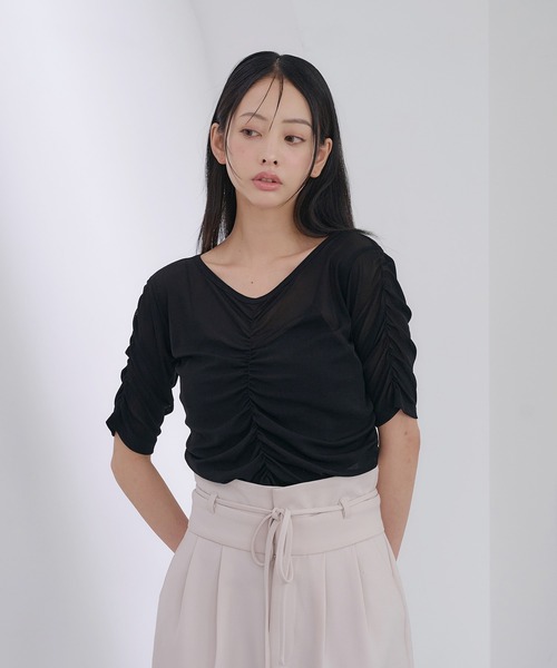 SOELA(ソエラ)の「半袖フロントギャザートップス(Tシャツ/カットソー・レディース・アイボリー/サックスブルー/ブラック・FREE)」の10枚目の写真