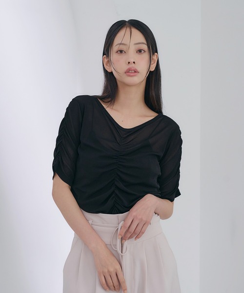 SOELA(ソエラ)の「半袖フロントギャザートップス(Tシャツ/カットソー・レディース・アイボリー/サックスブルー/ブラック・FREE)」の11枚目の写真