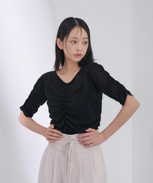 SOELA(ソエラ)の「半袖フロントギャザートップス(Tシャツ/カットソー・レディース・アイボリー/サックスブルー/ブラック・FREE)」の9枚目の写真