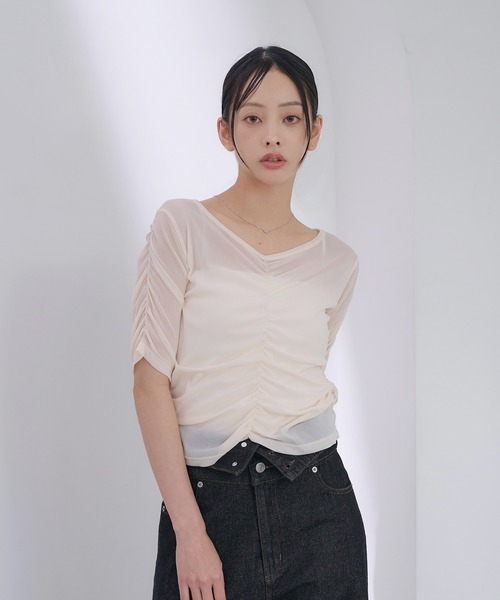 SOELA(ソエラ)の「半袖フロントギャザートップス(Tシャツ/カットソー・レディース・アイボリー/サックスブルー/ブラック・FREE)」の4枚目の写真