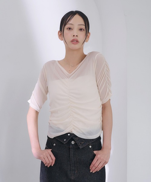 SOELA(ソエラ)の「半袖フロントギャザートップス(Tシャツ/カットソー・レディース・アイボリー/サックスブルー/ブラック・FREE)」の5枚目の写真