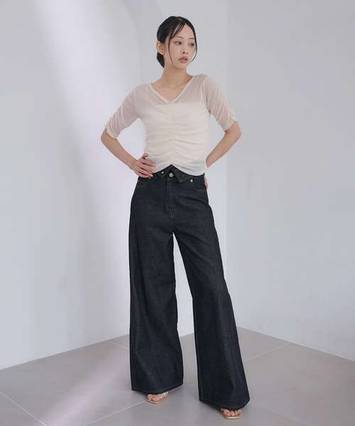 SOELA(ソエラ)の「半袖フロントギャザートップス(Tシャツ/カットソー・レディース・アイボリー/サックスブルー/ブラック・FREE)」の7枚目の写真