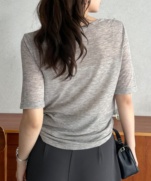 Eclat one(エクラワン)の「【Eclat one】ラウンドネック ヘンリー プレーン 5分袖 カットソー(Tシャツ/カットソー・レディース・ホワイト/ブラック/ライトブルー/杢グレー・FREE)」の11枚目の写真