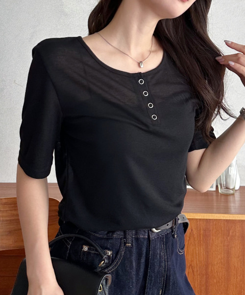 Eclat one(エクラワン)の「【Eclat one】ラウンドネック ヘンリー プレーン 5分袖 カットソー(Tシャツ/カットソー・レディース・ホワイト/ブラック/ライトブルー/杢グレー・FREE)」の13枚目の写真