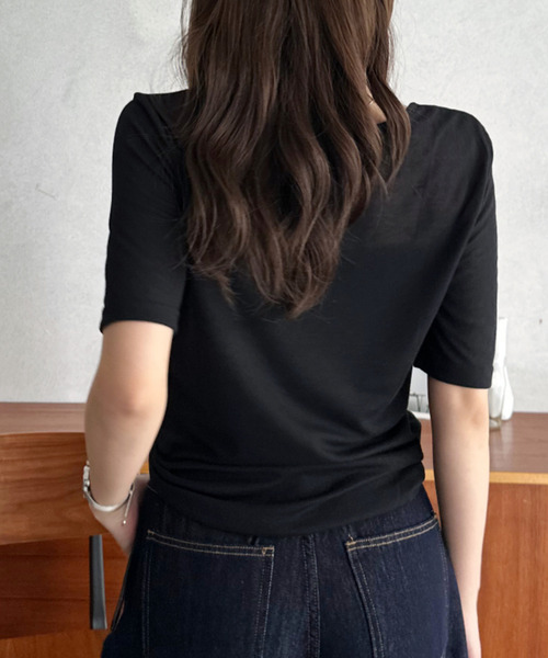 Eclat one(エクラワン)の「【Eclat one】ラウンドネック ヘンリー プレーン 5分袖 カットソー(Tシャツ/カットソー・レディース・ホワイト/ブラック/ライトブルー/杢グレー・FREE)」の14枚目の写真
