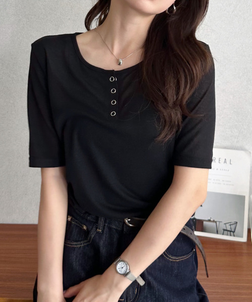 Eclat one(エクラワン)の「【Eclat one】ラウンドネック ヘンリー プレーン 5分袖 カットソー(Tシャツ/カットソー・レディース・ホワイト/ブラック/ライトブルー/杢グレー・FREE)」の15枚目の写真