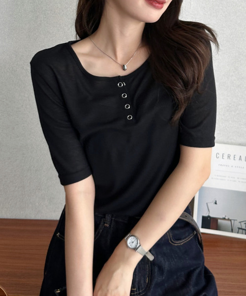 Eclat one(エクラワン)の「【Eclat one】ラウンドネック ヘンリー プレーン 5分袖 カットソー(Tシャツ/カットソー・レディース・ホワイト/ブラック/ライトブルー/杢グレー・FREE)」の16枚目の写真