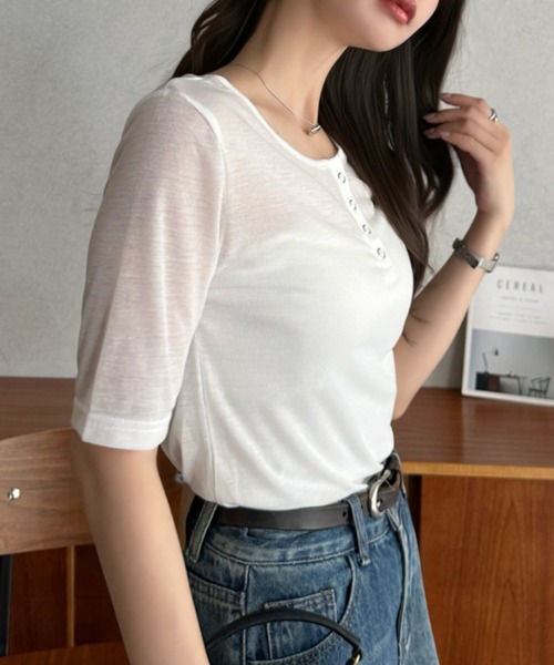 Eclat one(エクラワン)の「【Eclat one】ラウンドネック ヘンリー プレーン 5分袖 カットソー(Tシャツ/カットソー・レディース・ホワイト/ブラック/ライトブルー/杢グレー・FREE)」の17枚目の写真