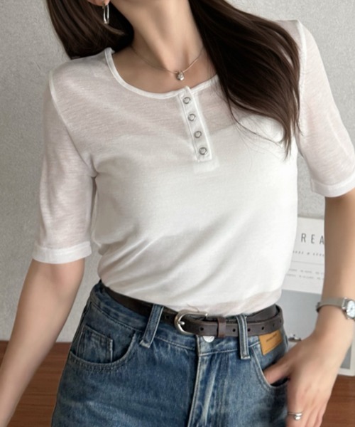 Eclat one(エクラワン)の「【Eclat one】ラウンドネック ヘンリー プレーン 5分袖 カットソー(Tシャツ/カットソー・レディース・ホワイト/ブラック/ライトブルー/杢グレー・FREE)」の19枚目の写真