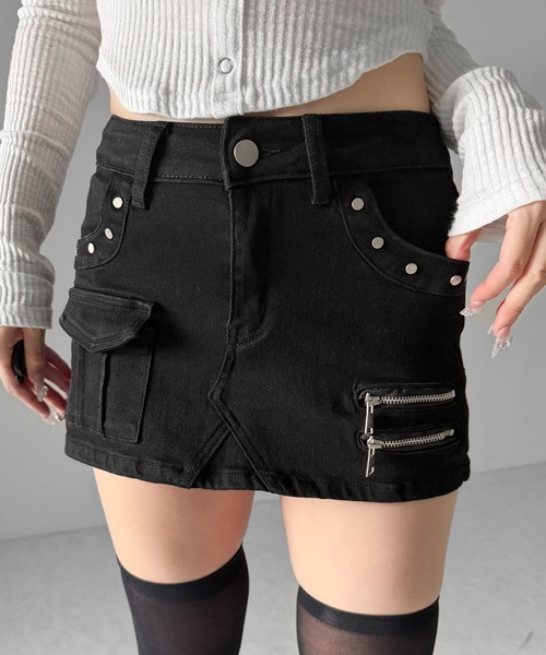 me+em select(ミームセレクト)の「【 2color / 3size 】スタッズジップデザインストレッチデニムミニスカパン/ studs zip design stretch denim mini skirt pants(デニムスカート・レディース・ブルー/ブラック・SMALL/MEDIUM/LARGE)」の1枚目の写真