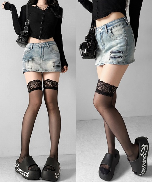 me+em select(ミームセレクト)の「【 2color / 3size 】スタッズジップデザインストレッチデニムミニスカパン/ studs zip design stretch denim mini skirt pants(デニムスカート・レディース・ブルー/ブラック・SMALL/MEDIUM/LARGE)」の5枚目の写真