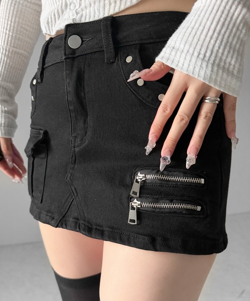 me+em select(ミームセレクト)の「【 2color / 3size 】スタッズジップデザインストレッチデニムミニスカパン/ studs zip design stretch denim mini skirt pants(デニムスカート・レディース・ブルー/ブラック・SMALL/MEDIUM/LARGE)」の9枚目の写真