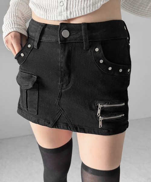me+em select(ミームセレクト)の「【 2color / 3size 】スタッズジップデザインストレッチデニムミニスカパン/ studs zip design stretch denim mini skirt pants(デニムスカート・レディース・ブルー/ブラック・SMALL/MEDIUM/LARGE)」の8枚目の写真