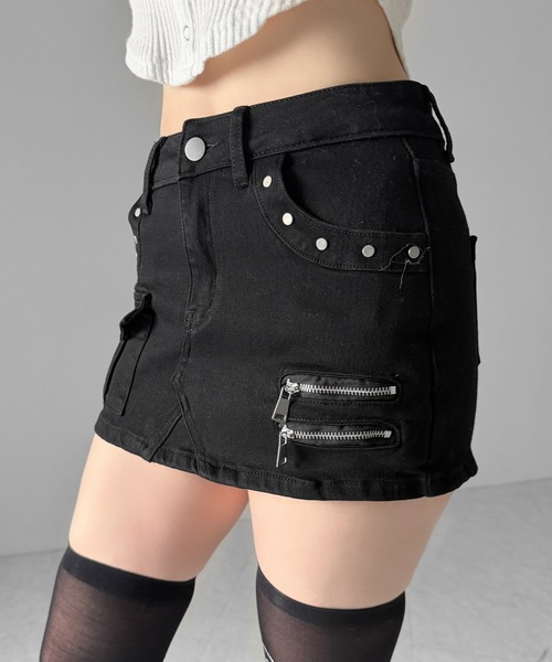me+em select(ミームセレクト)の「【 2color / 3size 】スタッズジップデザインストレッチデニムミニスカパン/ studs zip design stretch denim mini skirt pants(デニムスカート・レディース・ブルー/ブラック・SMALL/MEDIUM/LARGE)」の12枚目の写真