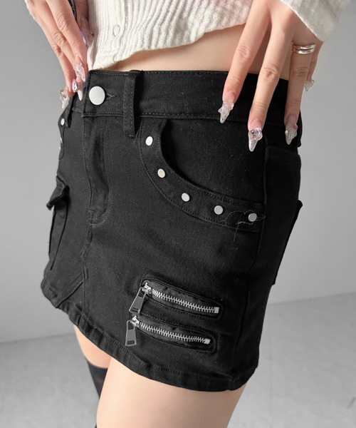 me+em select(ミームセレクト)の「【 2color / 3size 】スタッズジップデザインストレッチデニムミニスカパン/ studs zip design stretch denim mini skirt pants(デニムスカート・レディース・ブルー/ブラック・SMALL/MEDIUM/LARGE)」の13枚目の写真