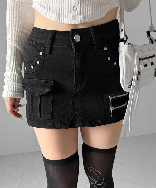 me+em select(ミームセレクト)の「【 2color / 3size 】スタッズジップデザインストレッチデニムミニスカパン/ studs zip design stretch denim mini skirt pants(デニムスカート・レディース・ブルー/ブラック・SMALL/MEDIUM/LARGE)」の14枚目の写真