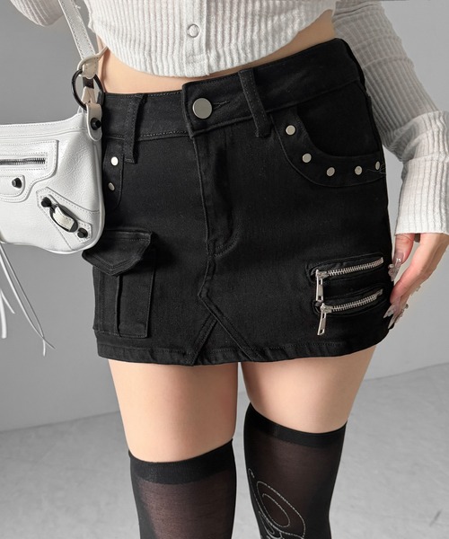 me+em select(ミームセレクト)の「【 2color / 3size 】スタッズジップデザインストレッチデニムミニスカパン/ studs zip design stretch denim mini skirt pants(デニムスカート・レディース・ブルー/ブラック・SMALL/MEDIUM/LARGE)」の15枚目の写真