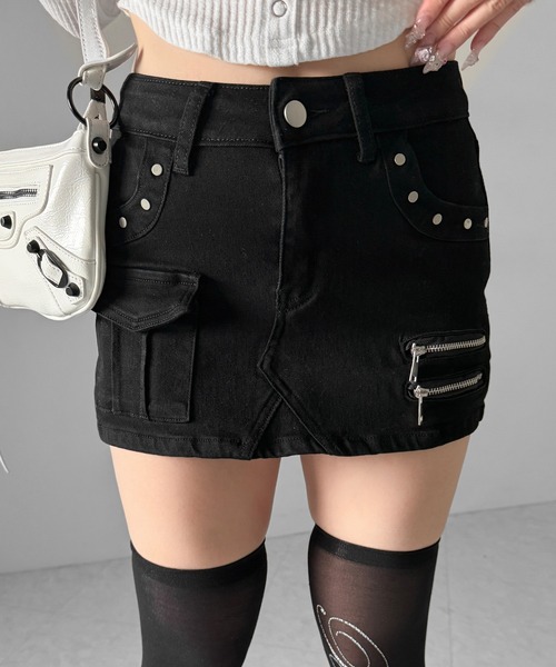 me+em select(ミームセレクト)の「【 2color / 3size 】スタッズジップデザインストレッチデニムミニスカパン/ studs zip design stretch denim mini skirt pants(デニムスカート・レディース・ブルー/ブラック・SMALL/MEDIUM/LARGE)」の16枚目の写真