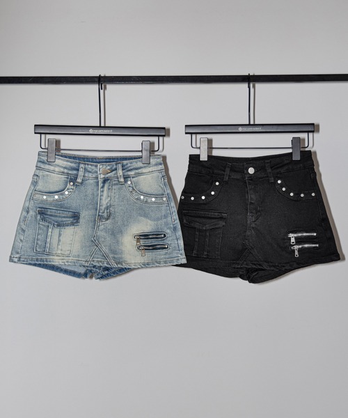 me+em select(ミームセレクト)の「【 2color / 3size 】スタッズジップデザインストレッチデニムミニスカパン/ studs zip design stretch denim mini skirt pants(デニムスカート・レディース・ブルー/ブラック・SMALL/MEDIUM/LARGE)」の6枚目の写真