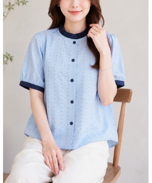 FAZVY（ファズビー）の「フリルネックドットブラウス（シャツ/ブラウス・レディース・ベージュ/スカイブルー・M）」の7枚目の写真